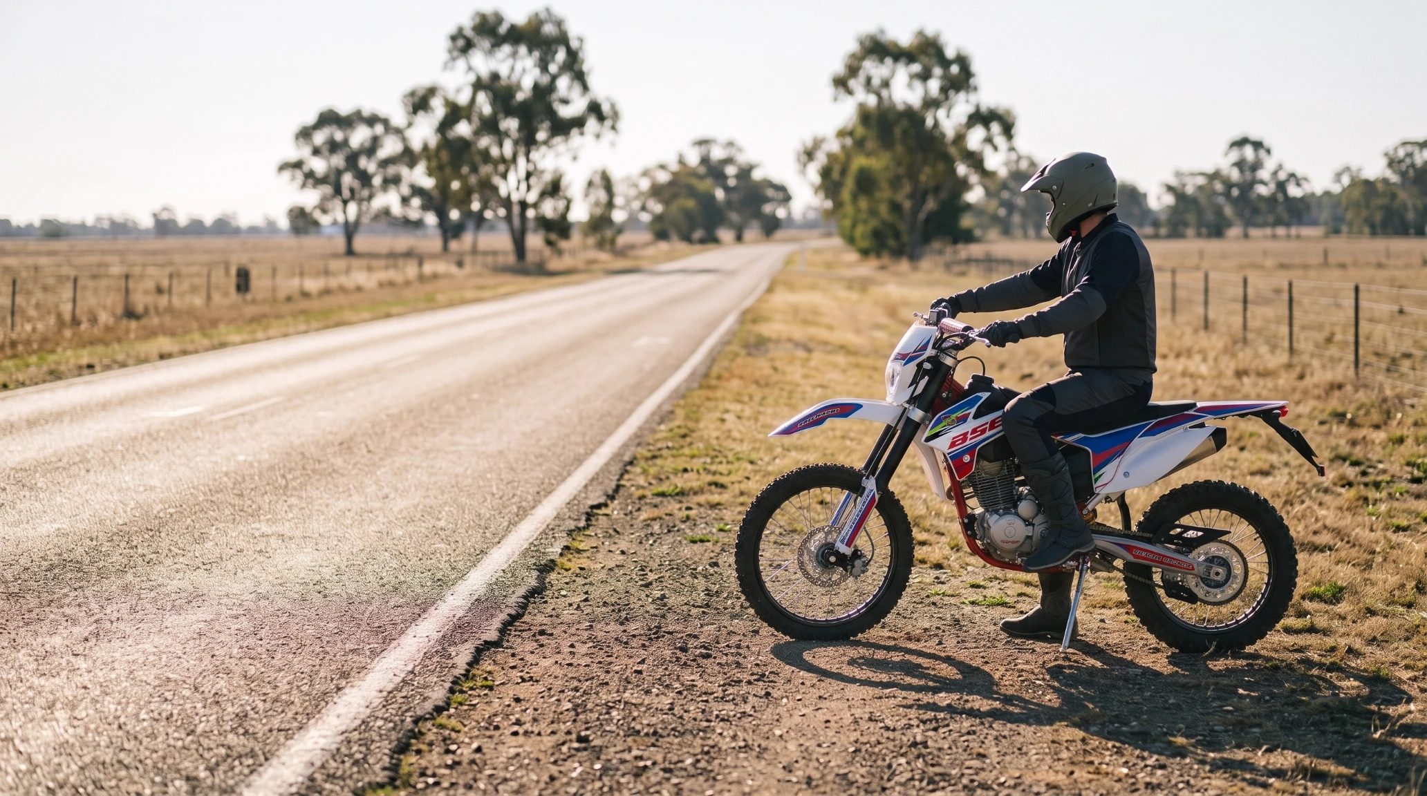 Dirt bike rider on a trail with an Australian trailhead sign behind