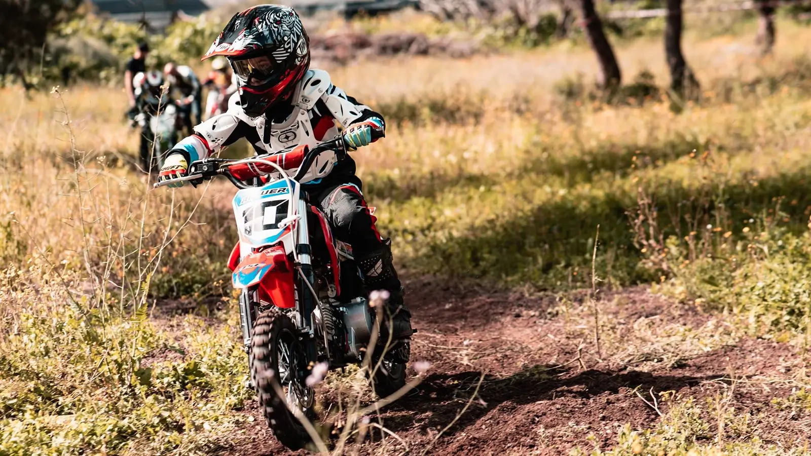 Young rider seated on a small dirt bike on level grass
